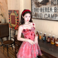 Red printed chiffon suspender dress women's summer French style waist skirt R4580