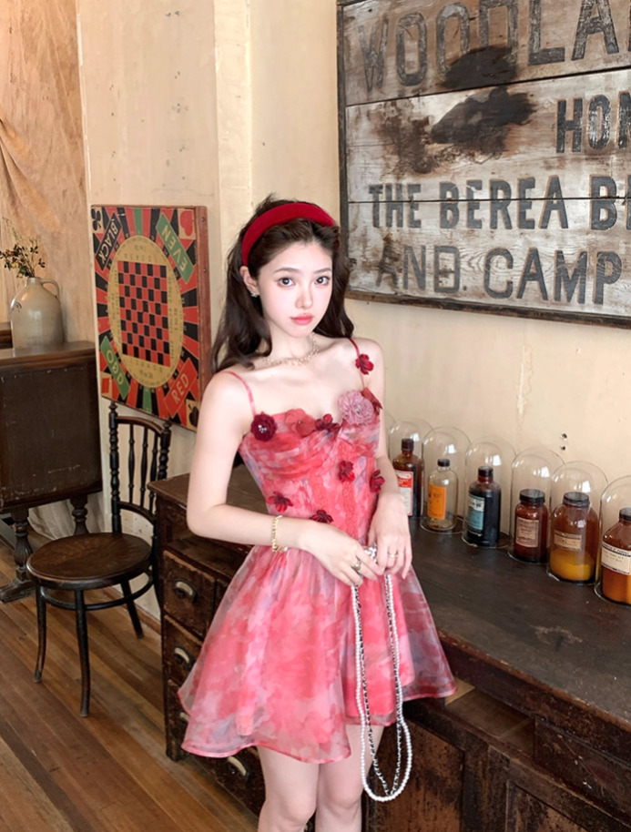 Red printed chiffon suspender dress women's summer French style waist skirt R4580