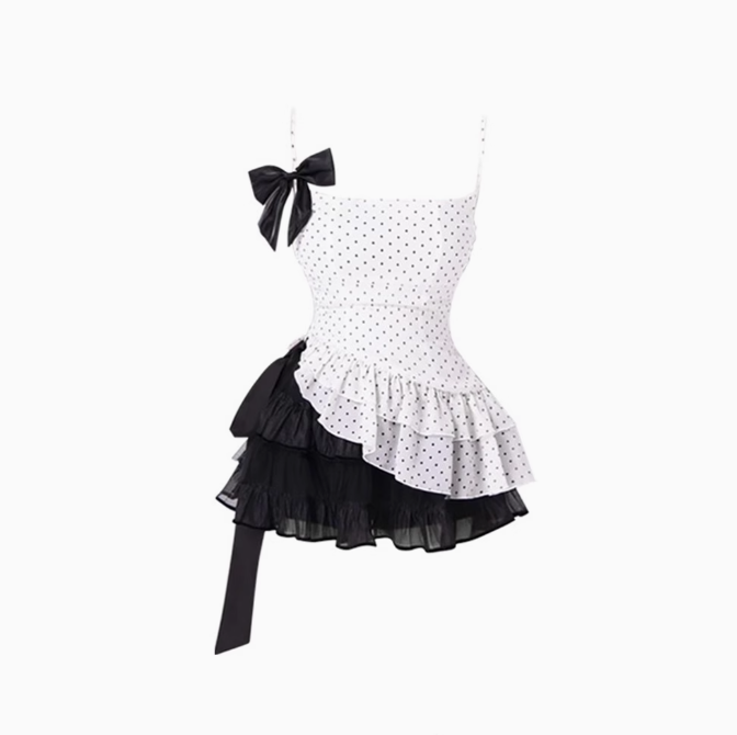 Pure desire style ruffled polka dot suspender top 2025 bow tie skirt suit R1151