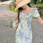 French fresh pastoral style temperament slim print fairy atmosphere floral ruffle dress R1430