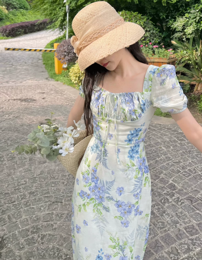 French fresh pastoral style temperament slim print fairy atmosphere floral ruffle dress R1430