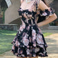 Black short skirt pink flower suspenders one shoulder waist slim short skirt homecoming dress R4010