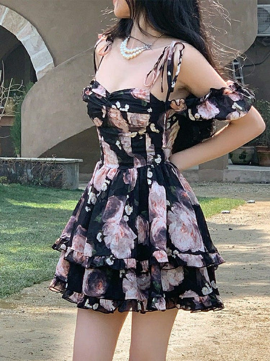 Black short skirt pink flower suspenders one shoulder waist slim short skirt homecoming dress R4010