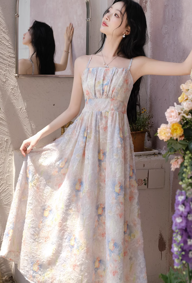 Summer small skirt French gentle style floral suspender dress plus cardigan two-piece set R2406