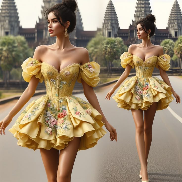 Yellow floral print one-shoulder slim waist puffy princess dress, prom dress R5320