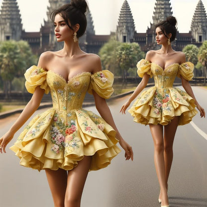 Yellow floral print one-shoulder slim waist puffy princess dress, prom dress R5320