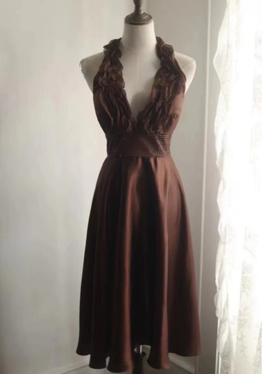 Brown halter neck fitted waist short ball gown R6797
