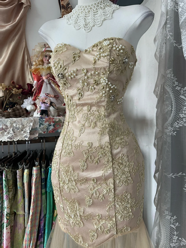 Champagne-colored strapless classic mermaid dress, fitted waist design, ball gown R6357