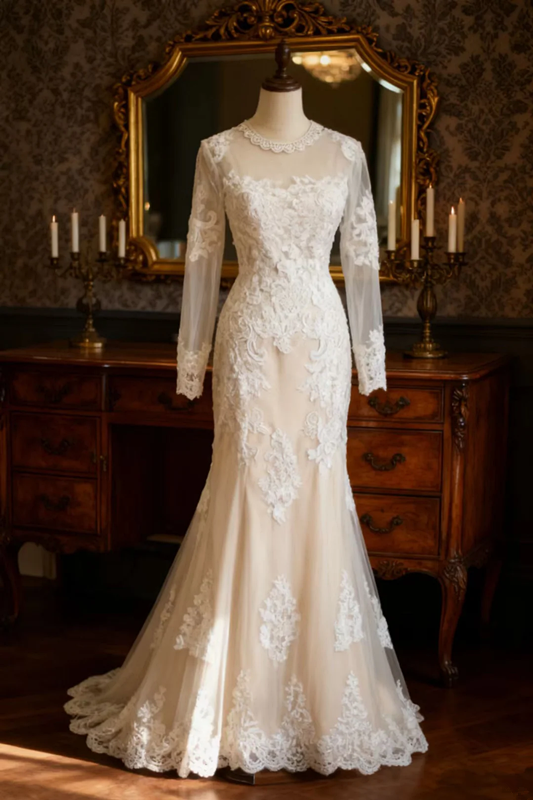 Apricot lace fitted long ball gown, bridal gown R6757