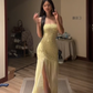 Light yellow halter-neck, fitted waist, bodycon sexy prom dress R7557