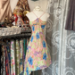 Pink floral print halter-neck fitted A-line mini skirt, prom dress R6318