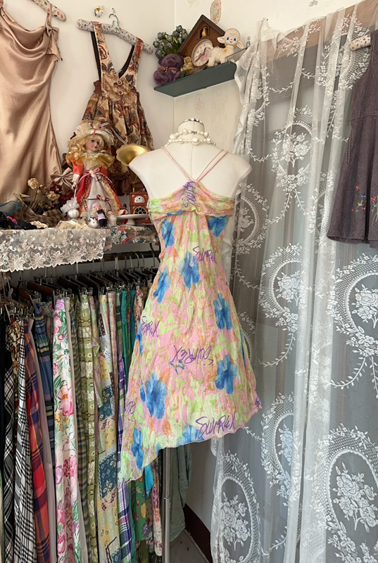 Pink floral print halter-neck fitted A-line mini skirt, prom dress R6318