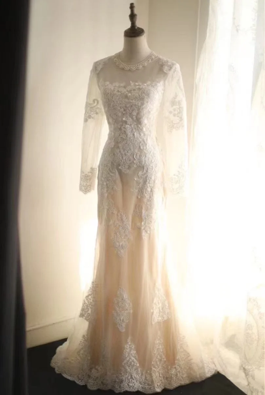 Apricot lace fitted long ball gown, bridal gown R6757