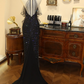 Black halter-neck waist-cinching slim-fit bodycon long sexy prom dress R7944