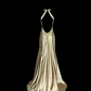 Gold halter neck, fitted waist, slimming, backless, hip-revealing long ball gown R6678