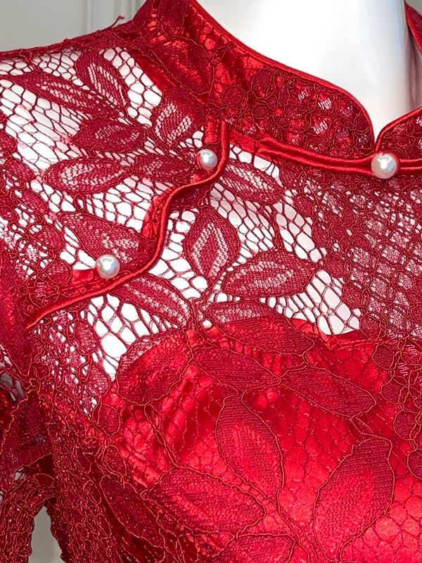 Red lace fitted waist classic long ball gown R6398