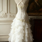 White halter neck, fitted waist, slim-fitting floral tiered skirt, mid-length ball gown R6718