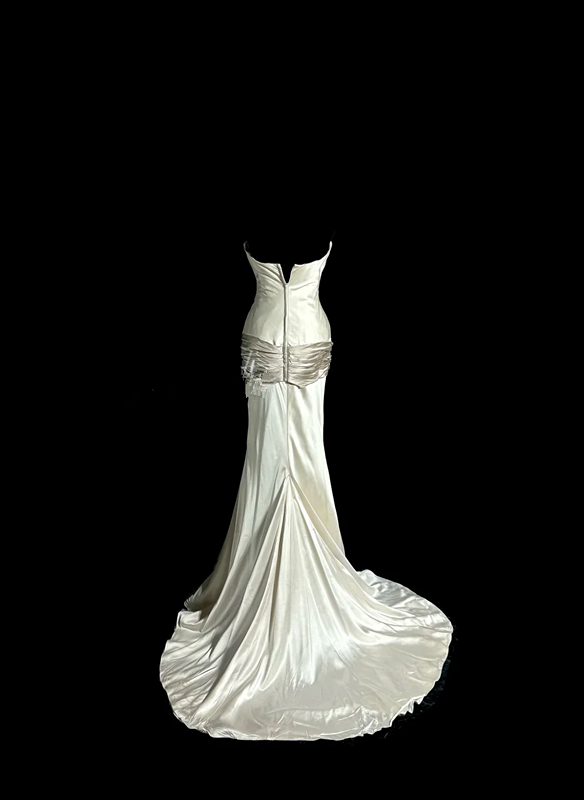 Ivory white strapless fitted waist pleated long ball gown R6638