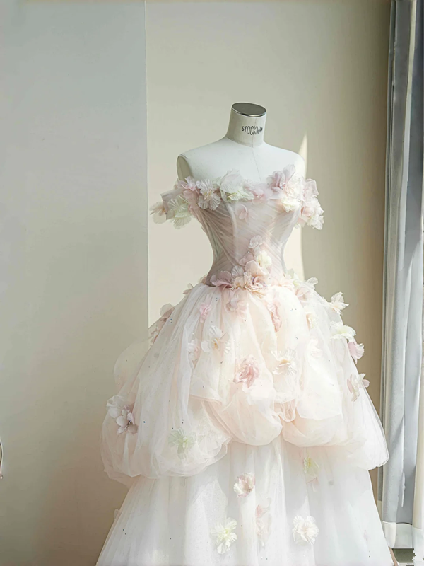 Pink tube top 3D flower waisted puffy maxi skirt, prom dress R5647