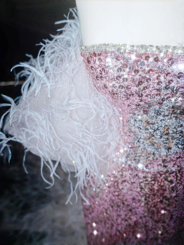 Pink sequined tube top slim waist hip long skirt, prom dress R5683