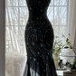 Black halter-neck fitted sexy bodycon long ball gown R7672