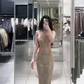 Champagne-colored halter neck, fitted waist, bodycon sexy long ball gown R7784