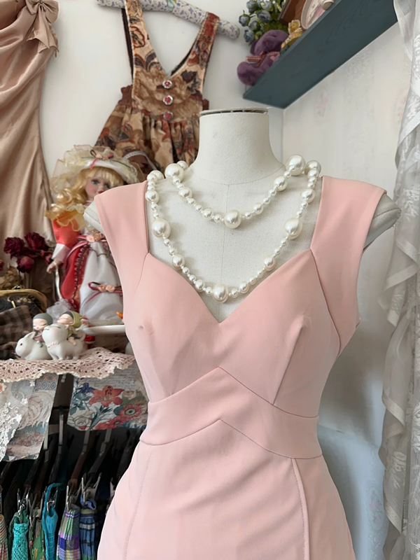 Pink tank top, camisole, fitted waist, bodycon mini skirt, prom dress R6278