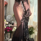 Light-colored lining, black camisole, fitted waist, sexy black stockings, long ball gown R7785