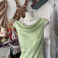 Light green satin fishtail maxi ball gown with a slim waist and a flared collar R6158