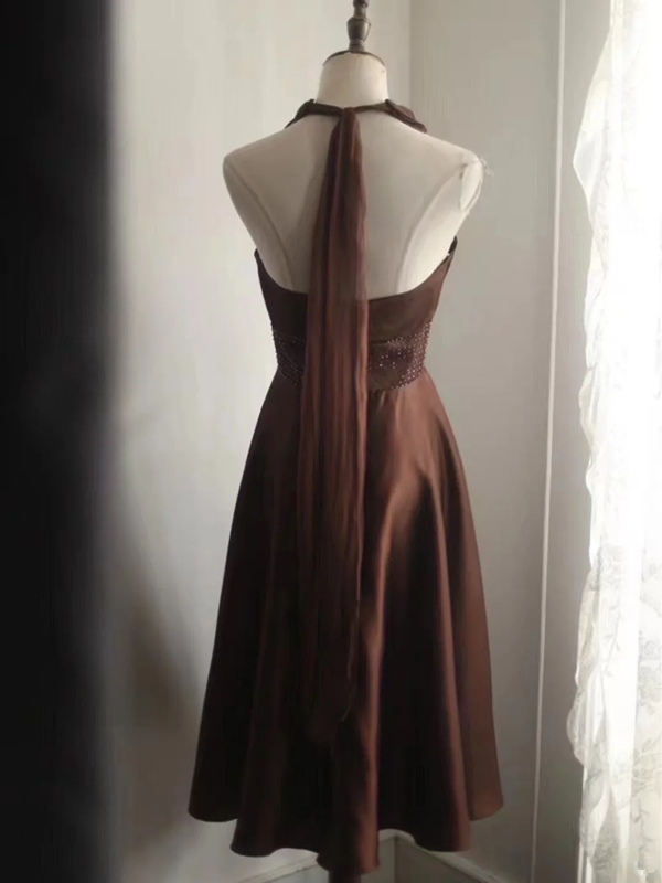 Brown halter neck fitted waist short ball gown R6797