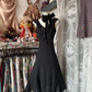 Black Striped Spaghetti Strap Waist-Cinched Slim-Fit Sexy Ball Gown R7436