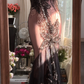Light-colored lining, black camisole, fitted waist, sexy black stockings, long ball gown R7785