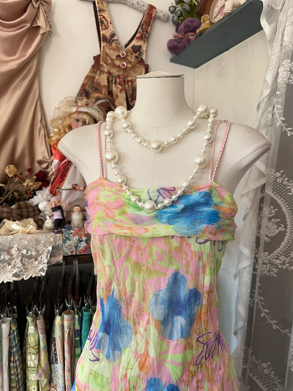 Pink floral print halter-neck fitted A-line mini skirt, prom dress R6318