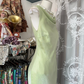 Light green satin fishtail maxi ball gown with a slim waist and a flared collar R6158