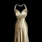 Gold halter neck, fitted waist, slimming, backless, hip-revealing long ball gown R6678