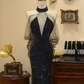 Black halter-neck waist-cinching slim-fit bodycon long sexy prom dress R7944