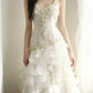 White halter neck, fitted waist, slim-fitting floral tiered skirt, mid-length ball gown R6718