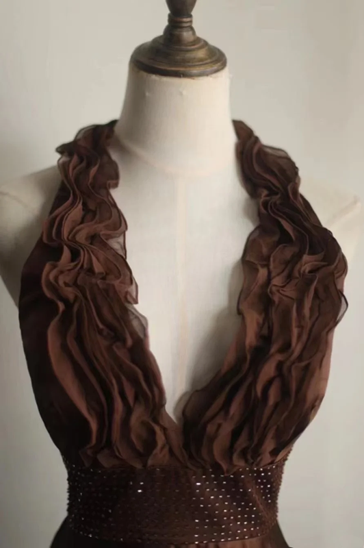 Brown halter neck fitted waist short ball gown R6797