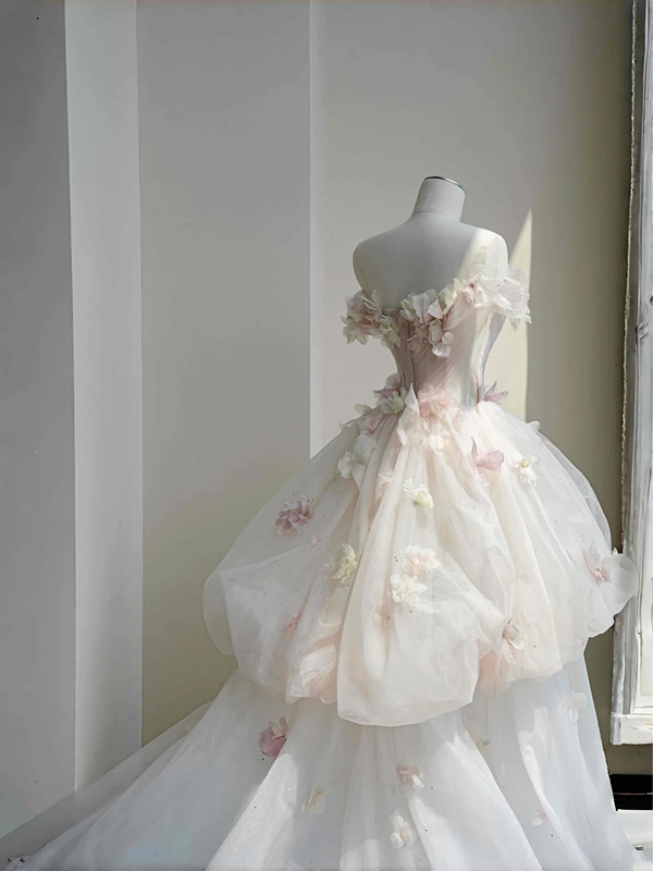 Pink tube top 3D flower waisted puffy maxi skirt, prom dress R5647