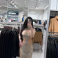 Champagne-colored halter neck, fitted waist, bodycon sexy long ball gown R7784