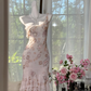 Light pink floral print halter-neck fitted bodycon long ball gown R7633