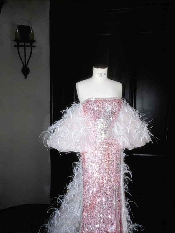 Pink sequined tube top slim waist hip long skirt, prom dress R5683