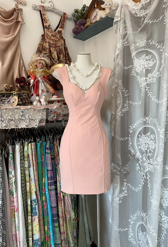 Pink tank top, camisole, fitted waist, bodycon mini skirt, prom dress R6278