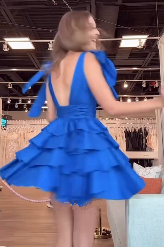 Blue suspender lace-up low-cut sexy waist cake skirt homecoming dress R5487