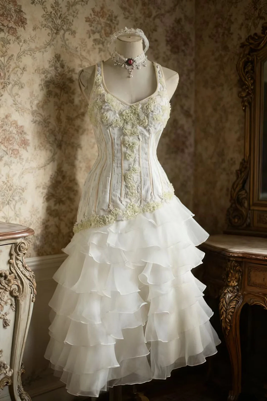 White halter neck, fitted waist, slim-fitting floral tiered skirt, mid-length ball gown R6718