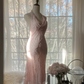 Light pink halter neck, fitted waist, bodycon sexy mid-length ball gown R7713