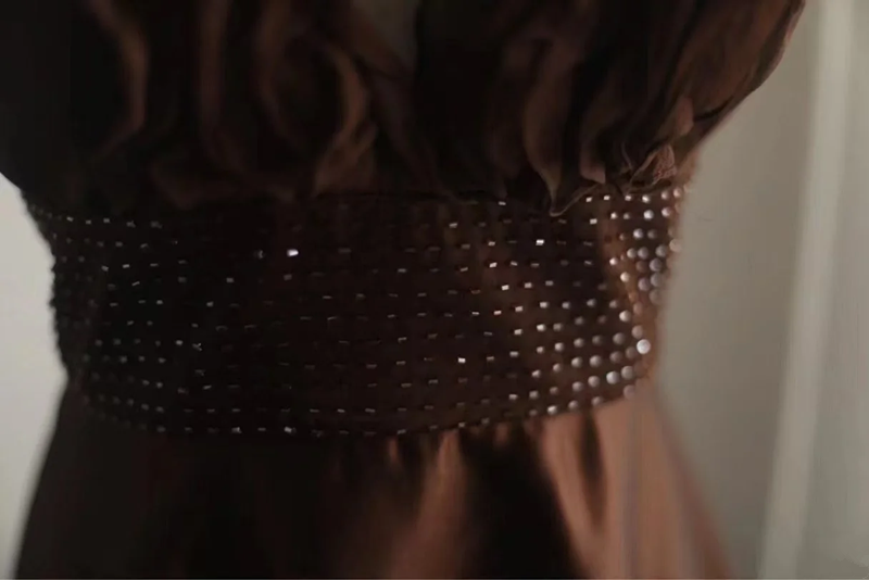 Brown halter neck fitted waist short ball gown R6797