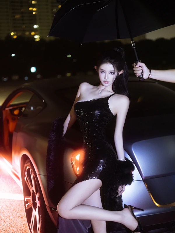 Black sequined one-shoulder halter-neck fitted sexy ball gown R7077