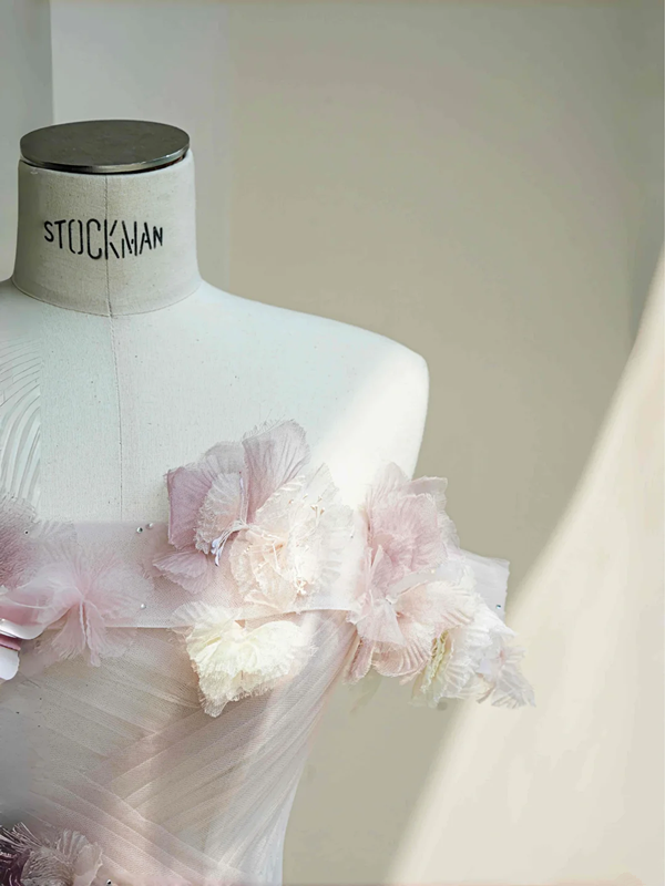 Pink tube top 3D flower waisted puffy maxi skirt, prom dress R5647