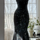 Black halter-neck fitted sexy bodycon long ball gown R7672